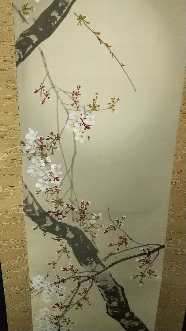 今井景樹日本画 掛軸 絹本 共箱 朧月に桜花 　師:景年 三重出身