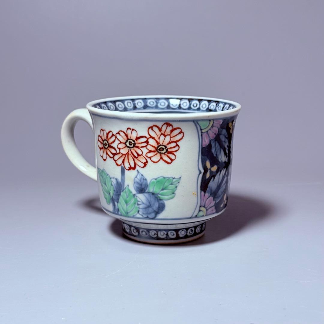 五代　佐藤走波　七十五才　染錦鉄仙花紋カップ＆ソーサー　コレクター放出品