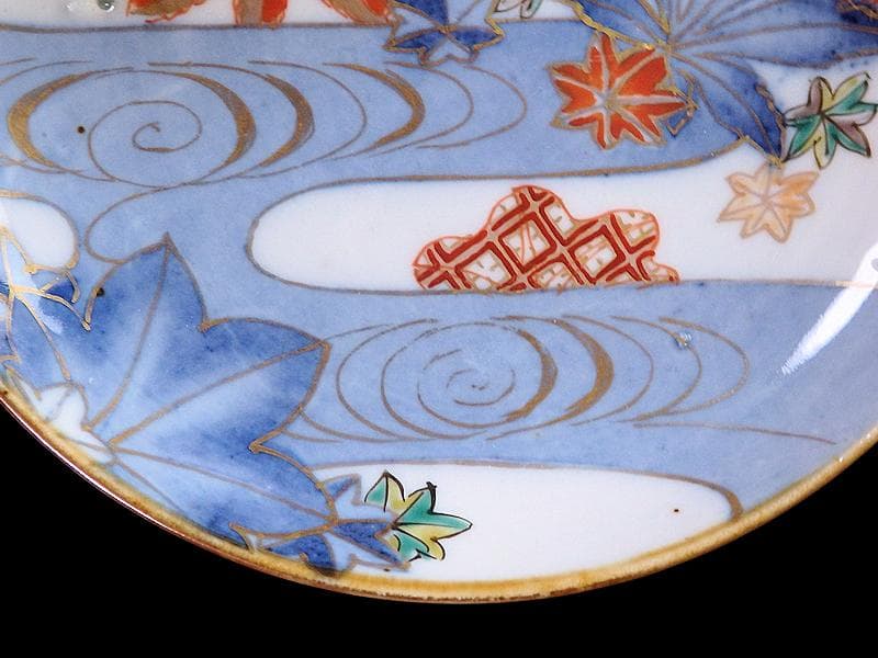 古伊万里　金襴手　竜田川に紅葉の図　５寸皿　C105AS-CZb