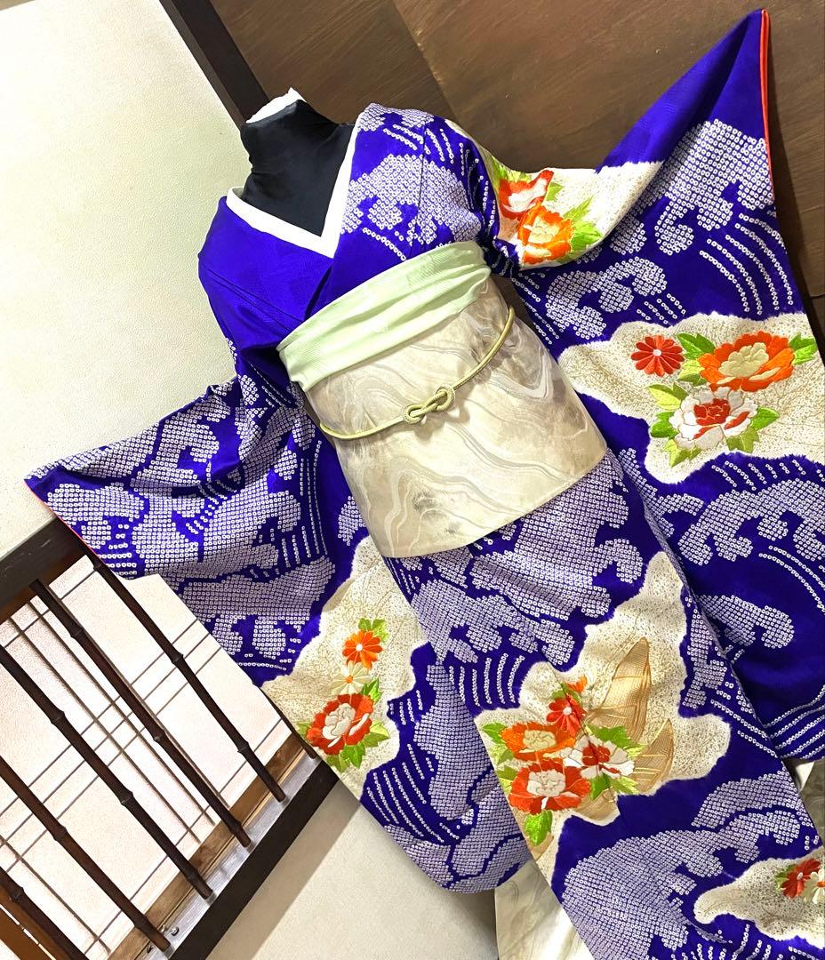 振袖 フルセット6点サイズS〜M駒刺繍　絞り　立波舟草花文　金彩　正絹