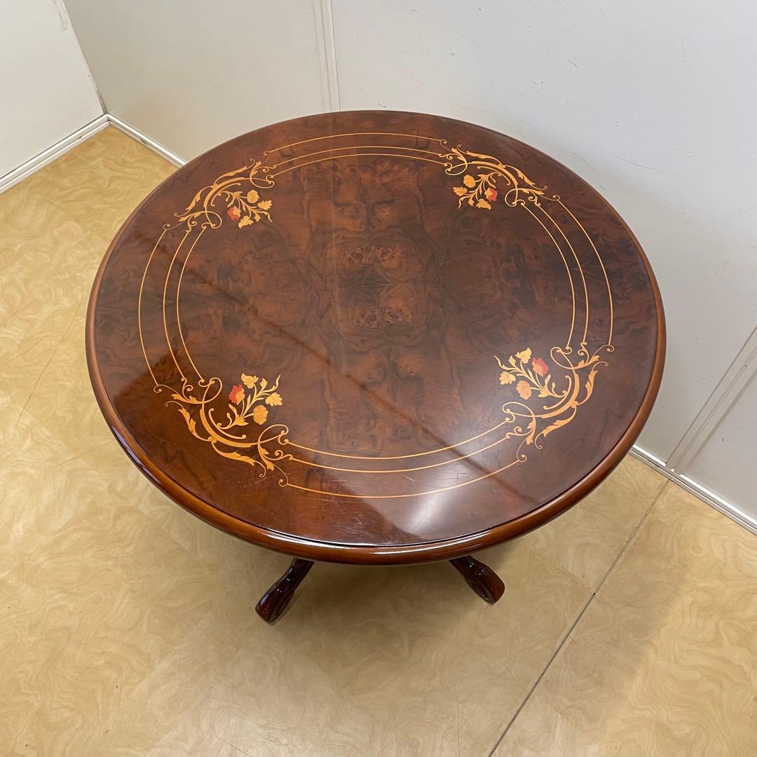 イタリア 丸テーブル 猫脚 象嵌 彫刻 ダイニングテーブル 円形 アンティーク