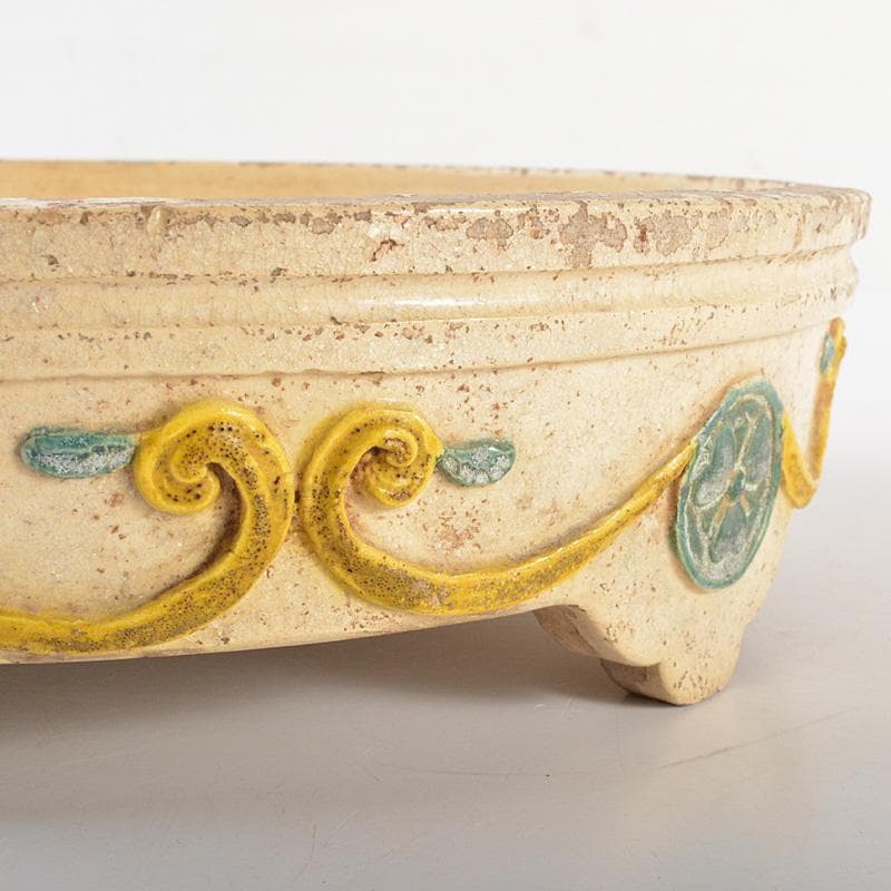 讃岐源内焼　三彩　陽刻唐草文　水盤　直径約32cm　V　R6773