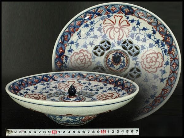 中国美術 赤絵青花 纏枝蓮花紋 壷盤 φ30.5cm(LC178)