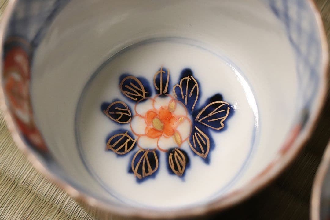 【CM57】古伊万里 色絵 小鉢 向付 五客 蕎麦猪口 草花 青海波 丸文 錦手