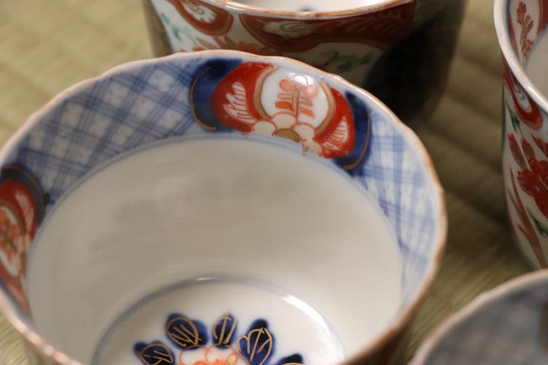 【CM57】古伊万里 色絵 小鉢 向付 五客 蕎麦猪口 草花 青海波 丸文 錦手