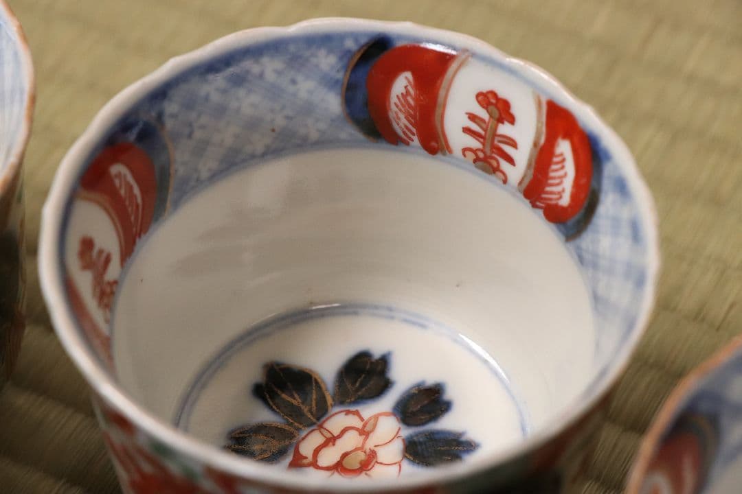 【CM57】古伊万里 色絵 小鉢 向付 五客 蕎麦猪口 草花 青海波 丸文 錦手