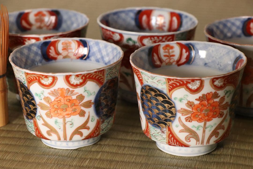 【CM57】古伊万里 色絵 小鉢 向付 五客 蕎麦猪口 草花 青海波 丸文 錦手