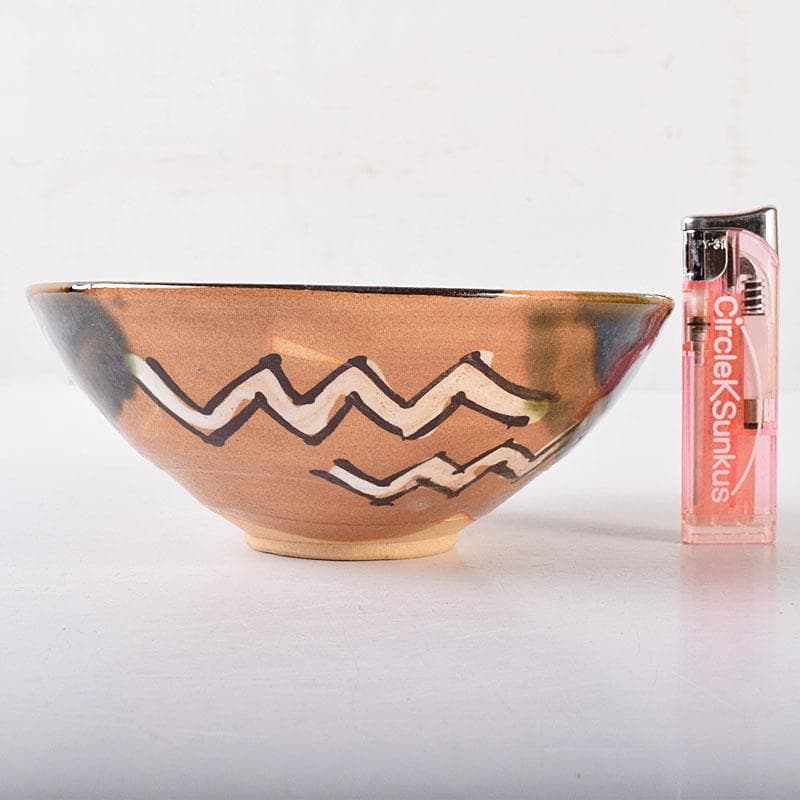 北大路魯山人作　織部焼　於里辺　茶碗　共布共箱　M　R8123