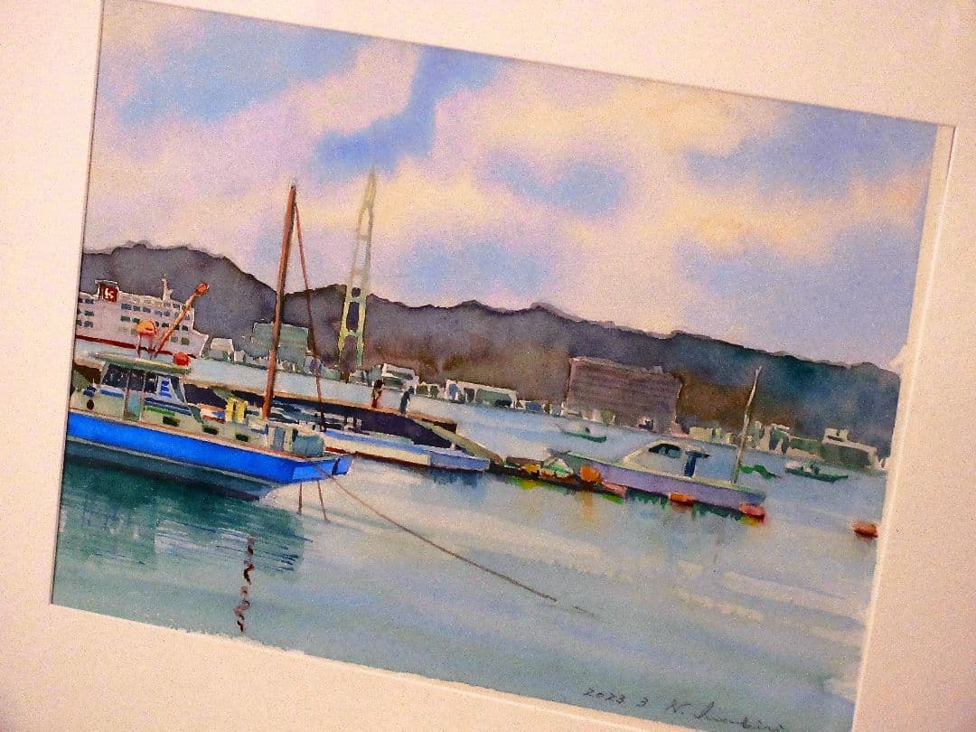 水彩画 港の風景 2023作 原画 F6サイズ 額装済み