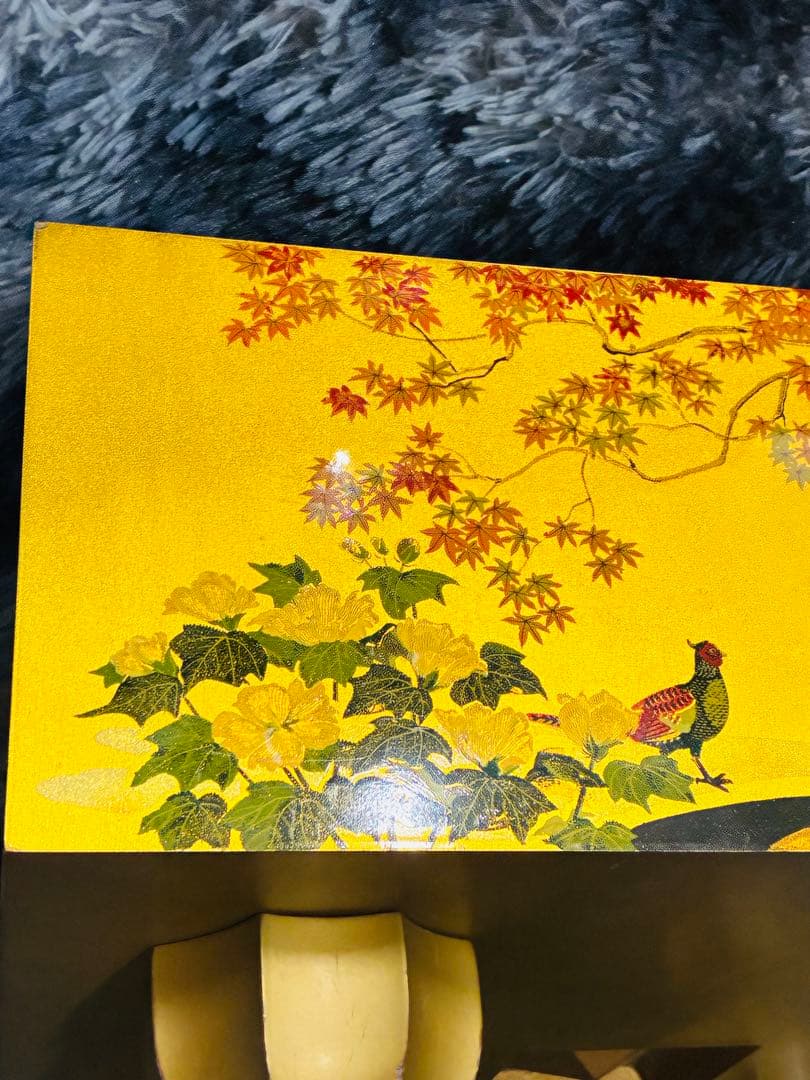 【野畑直子】作 金地漆絵四季花鳥図碁盤 碁笥 本蛤那智黒碁石 約42x45cm