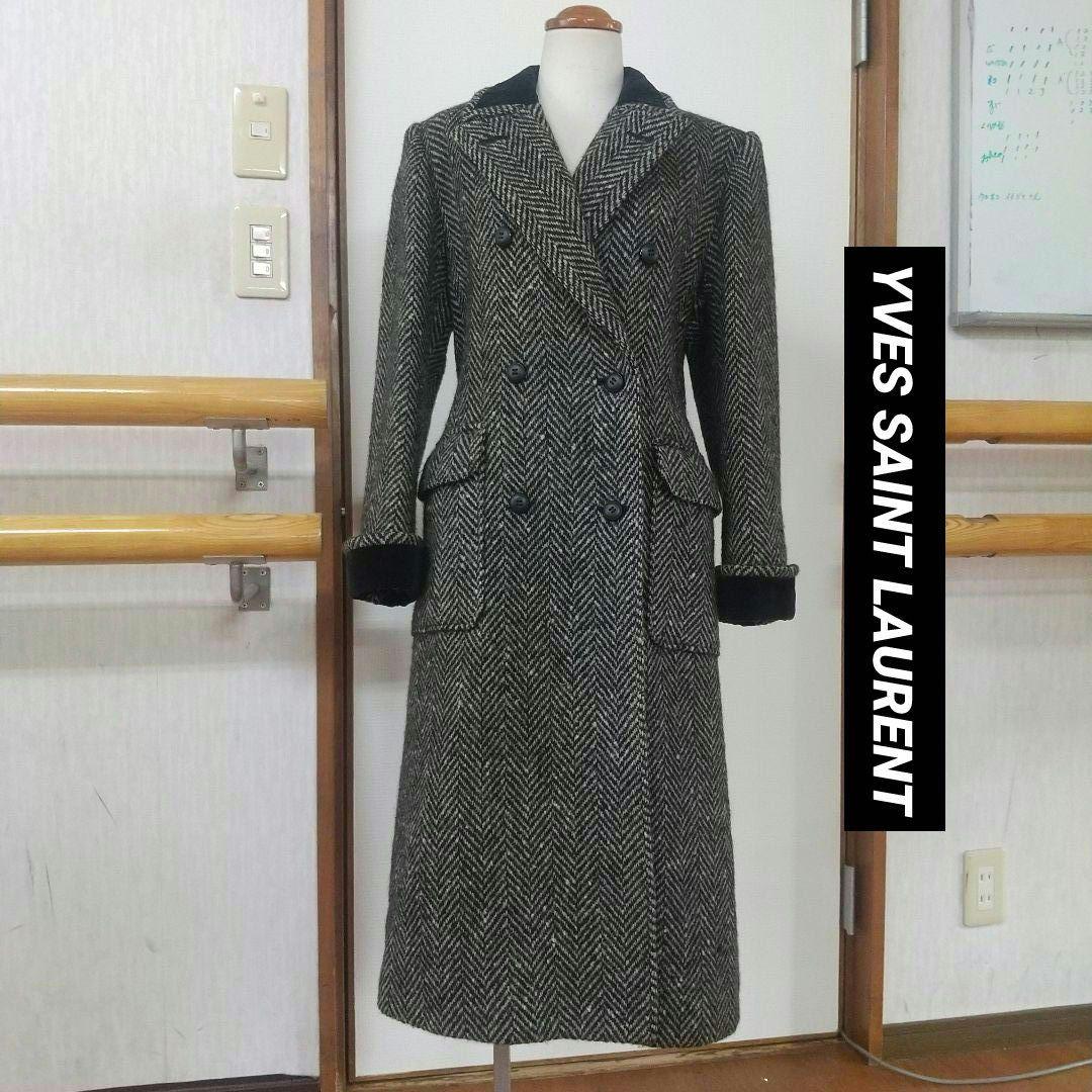 イヴサンローラン ダブルブレストコート ヘリンボーン ツイード 別珍ベロア切替
