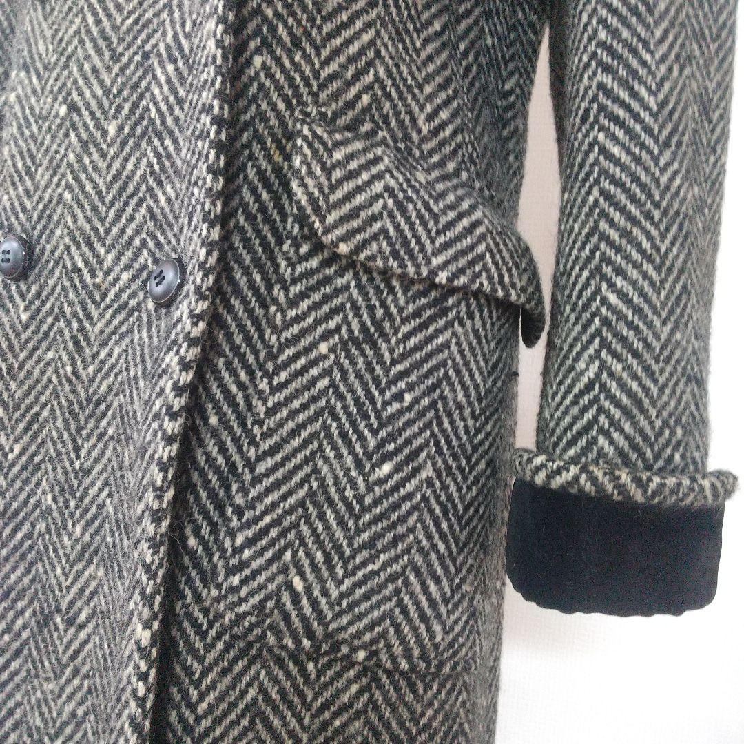 イヴサンローラン ダブルブレストコート ヘリンボーン ツイード 別珍ベロア切替