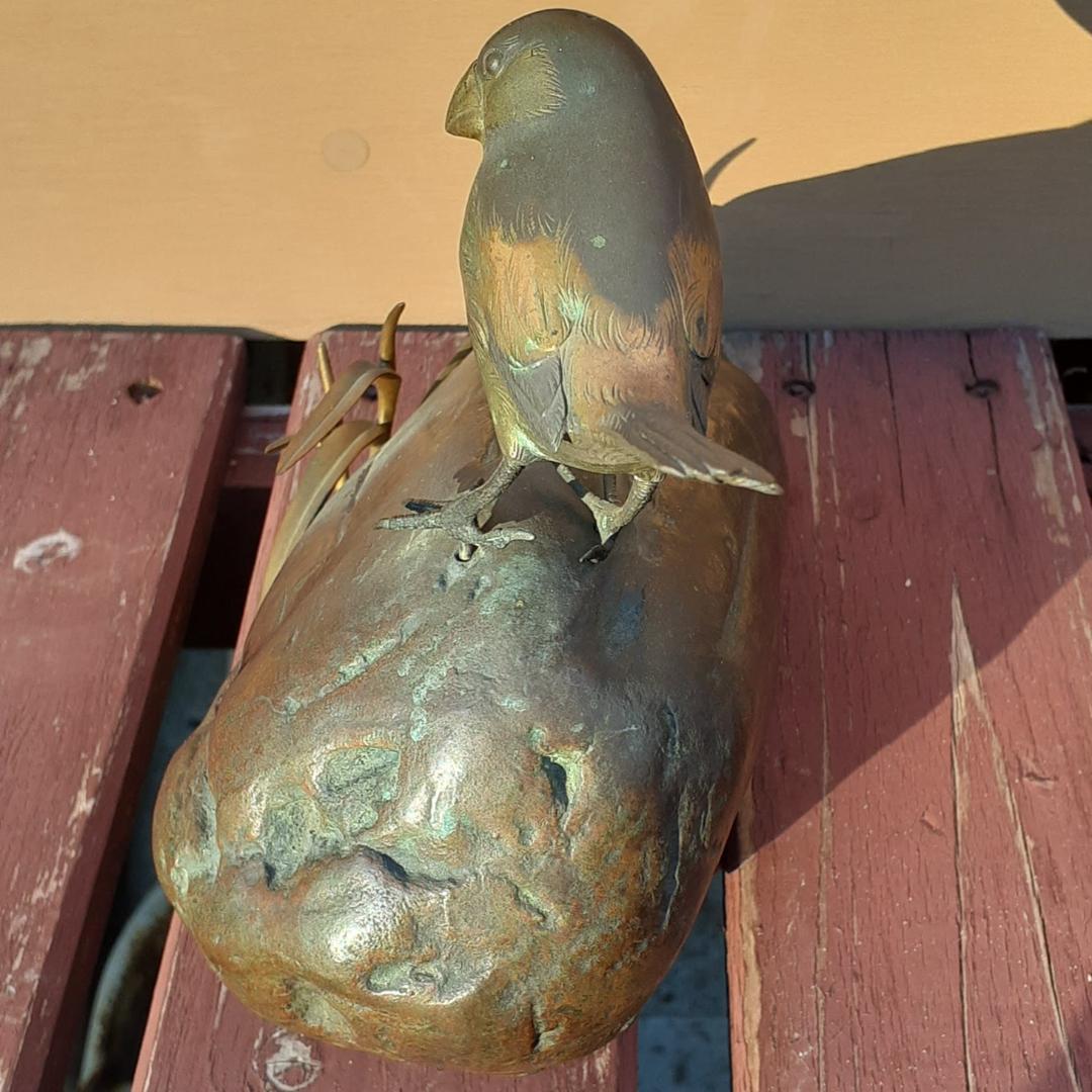 アンティーク　鋳銅製　岩上に文鳥　オブジェ　ブロンズ　時代物　コレクション