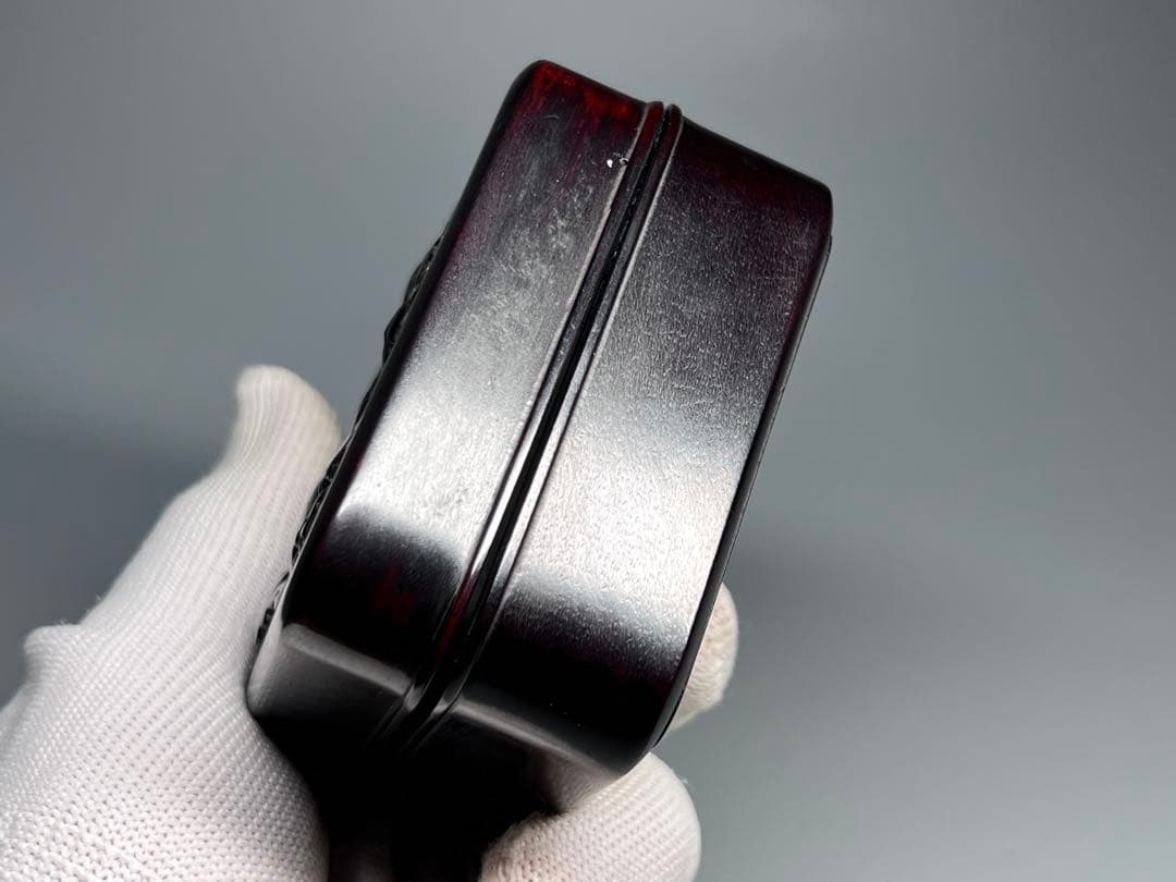 木製　小物入れ　紫檀　牡丹花　浮き彫り　極細工　文房具　中国美術　香合　美品