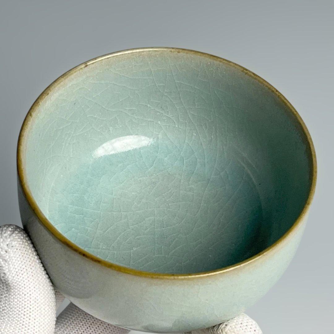 青磁 天青釉茶盞 擺件 中国古玩美術 唐物 旧家伝来 SH76