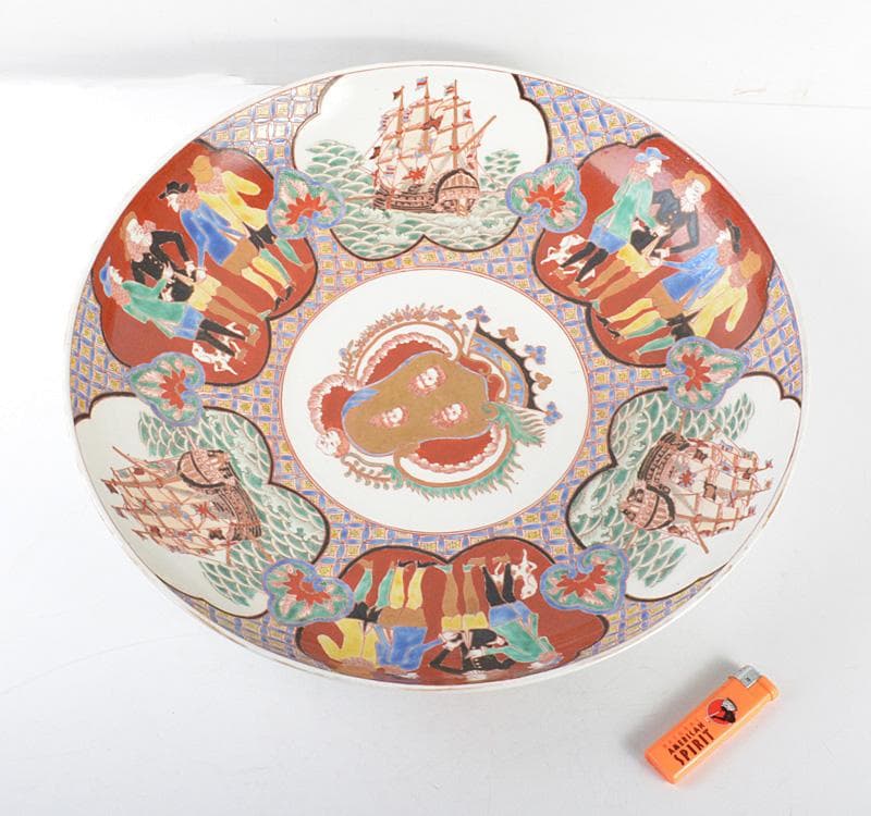 伊万里焼　古伊万里　錦手南蛮人黒船文　大皿　飾皿　D　R4863C