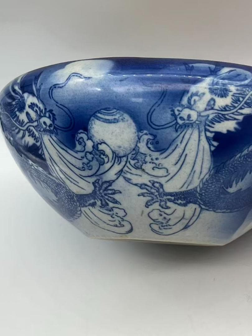 清時代　染付　青花雲龍文水洗　水丞 【旧家蔵出し】 香炉　茶道具(B-78)