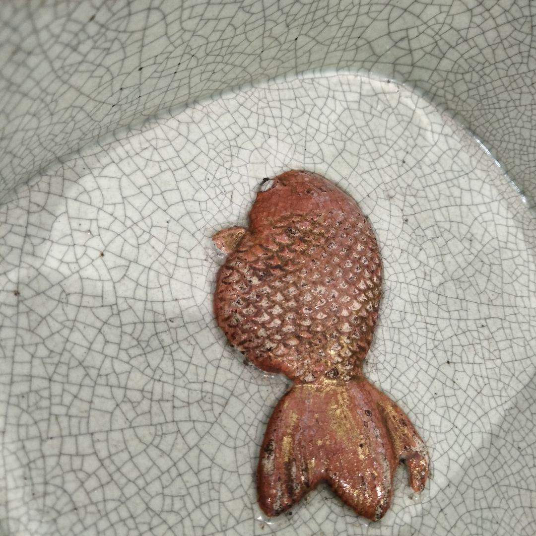 v131　江戸時代後期作 萬古焼 極上浮彫金魚図 角鉢 在銘釜亭　Q