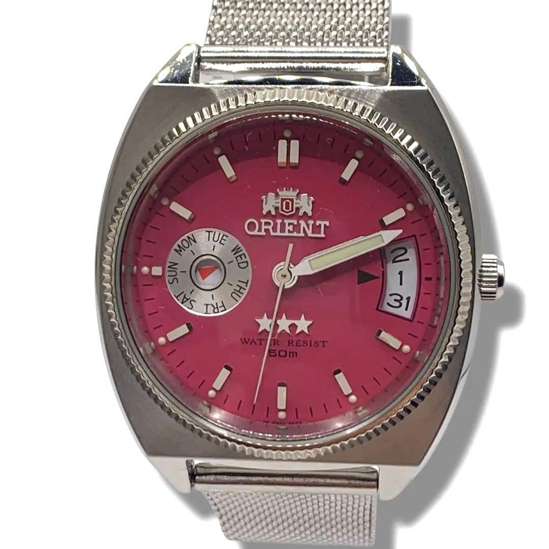 オリエント ORIENT 腕時計　スリースター　自動巻き　ピンク　裏スケ