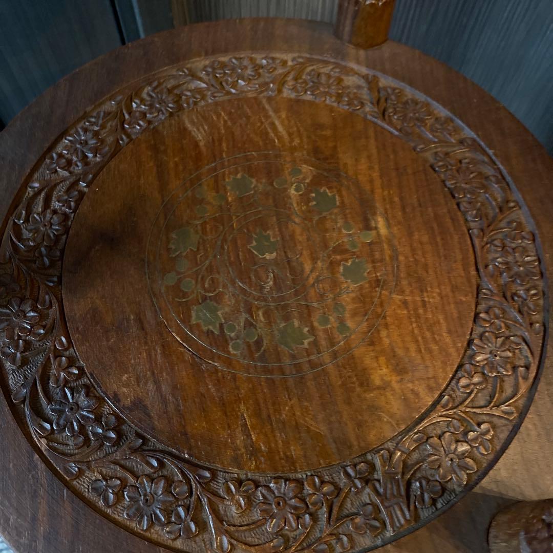 INDIA製 インド製　木製3段サイドテーブル　アンティーク