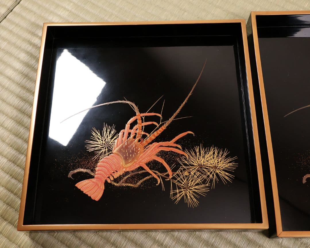 木製 松と海老 蒔絵 重膳一組 在銘 四方盆 大小二枚 香雲？【MA746】