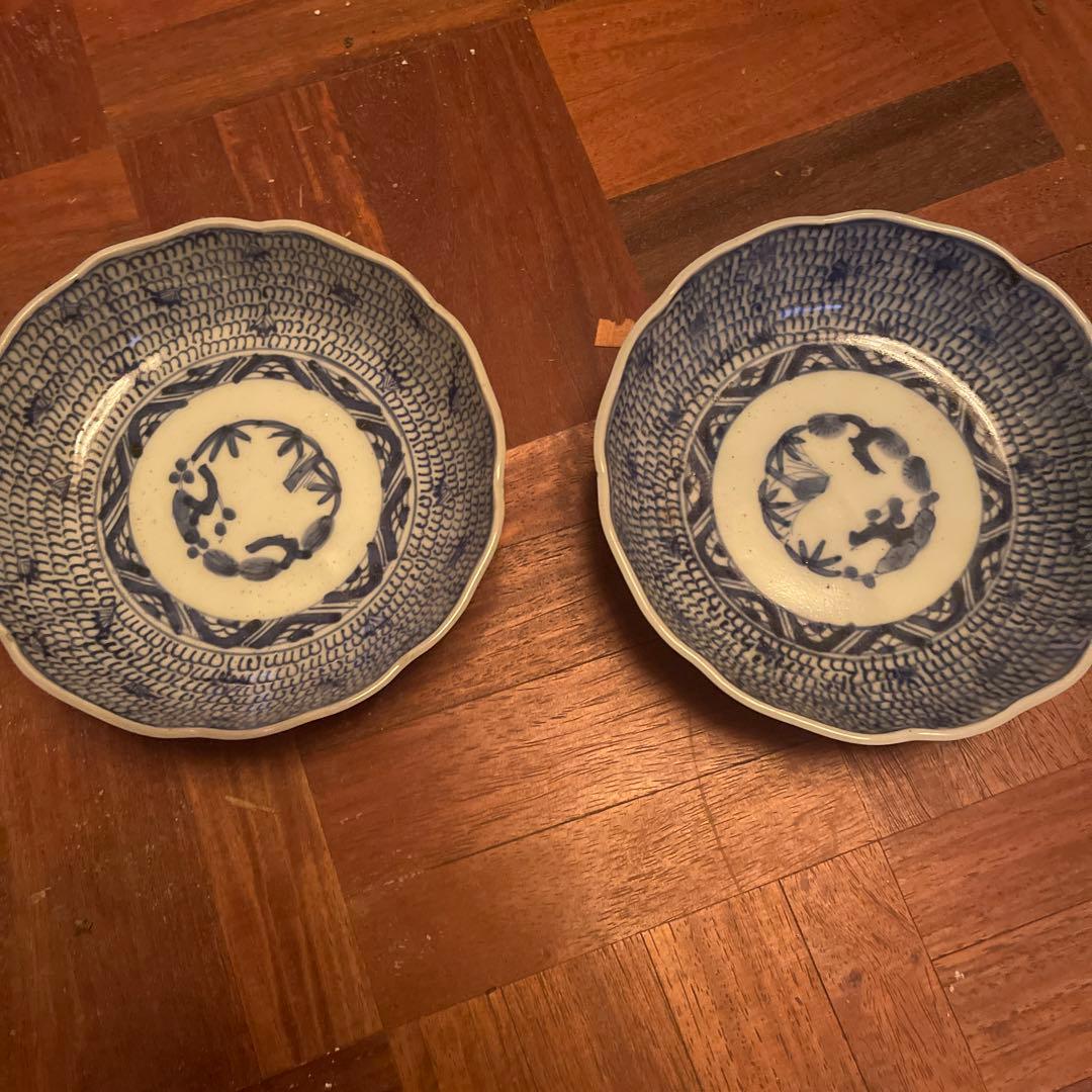 「みじん(微塵)唐草 人気の染付皿！」古伊万里なます皿 2客セット 骨董アンティ