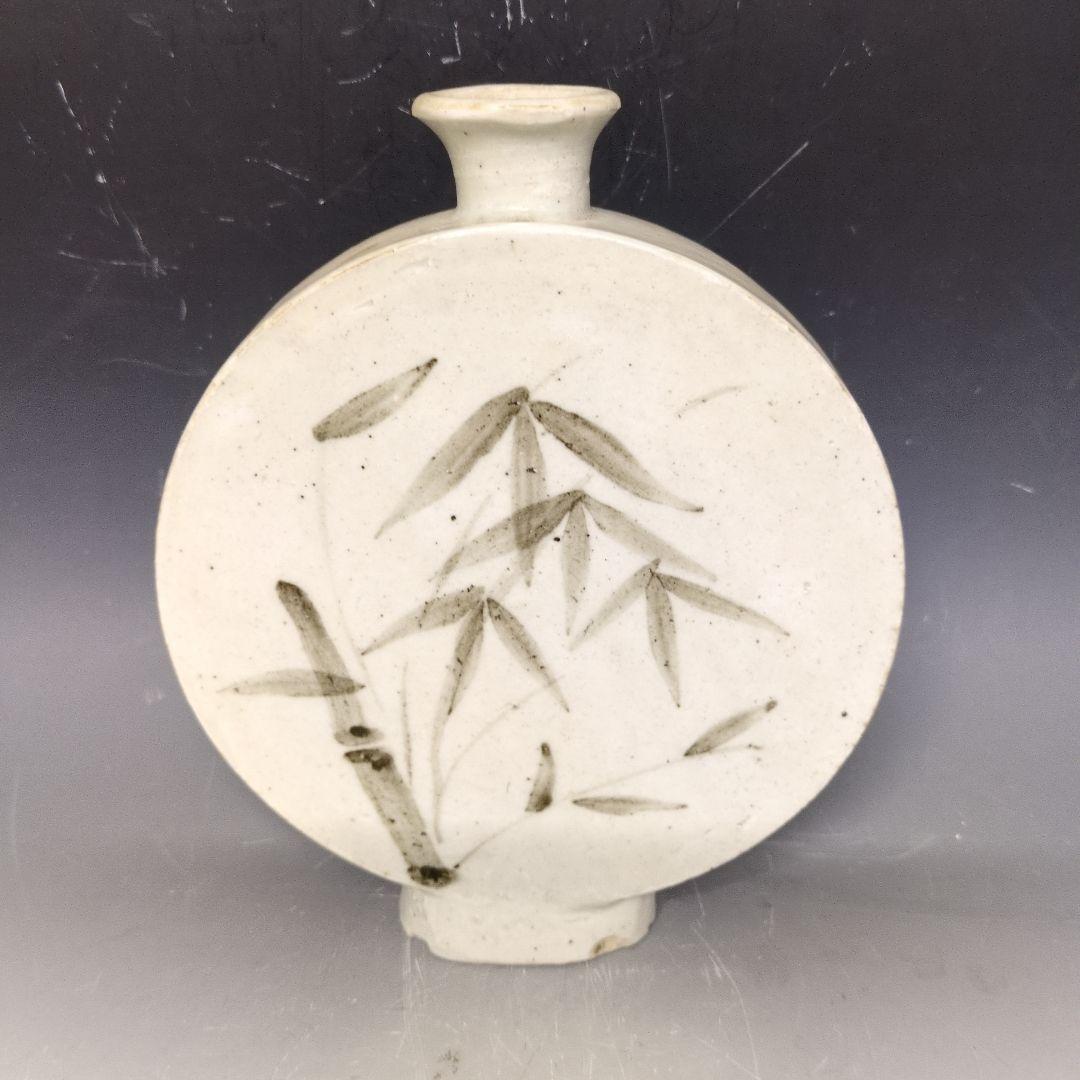 李朝白磁鉄絵竹文扁瓶 李朝時代
