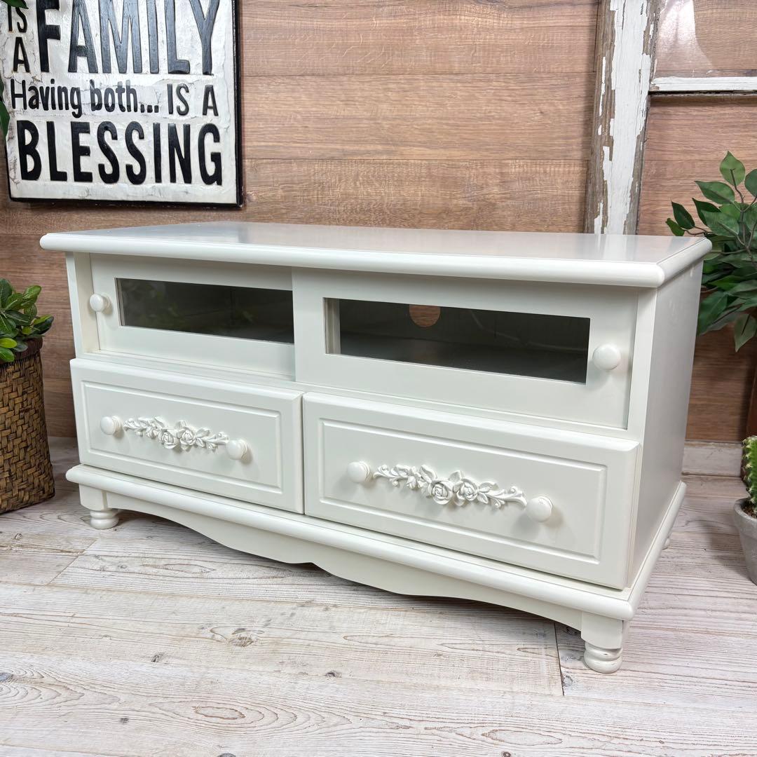 フレンチカントリー北欧調ホワイトガラステレビ台サイドボード飾り棚チェスト収納家具