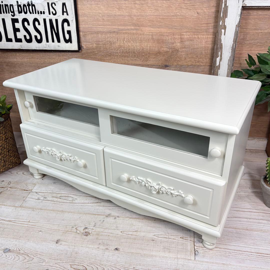 フレンチカントリー北欧調ホワイトガラステレビ台サイドボード飾り棚チェスト収納家具