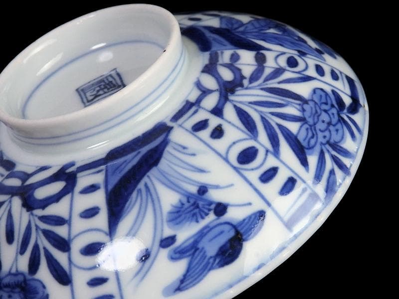 古伊万里　染付　芙蓉手　花鳥紋の図　大振蓋茶碗　F319AS-CXz