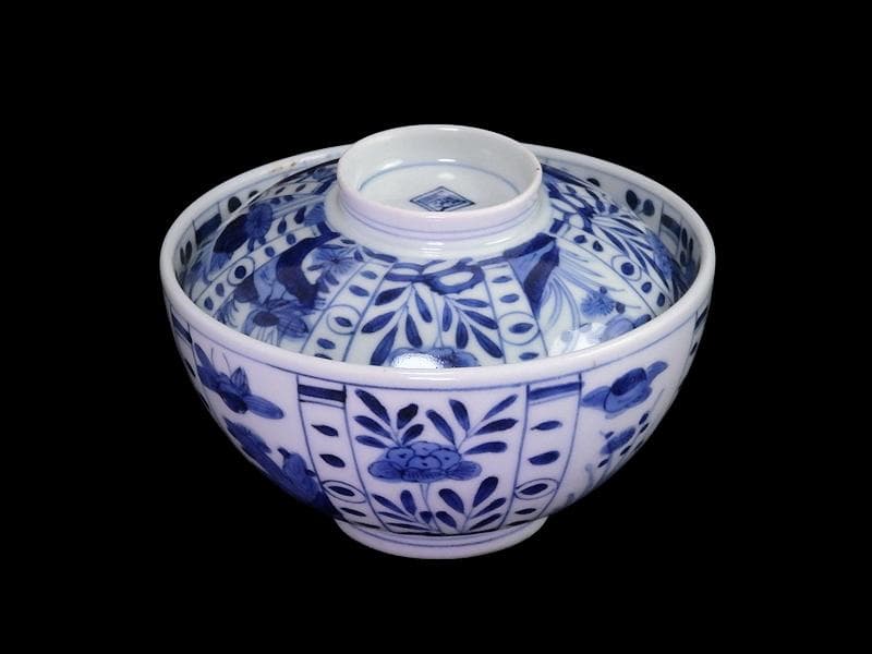 古伊万里　染付　芙蓉手　花鳥紋の図　大振蓋茶碗　F319AS-CXz