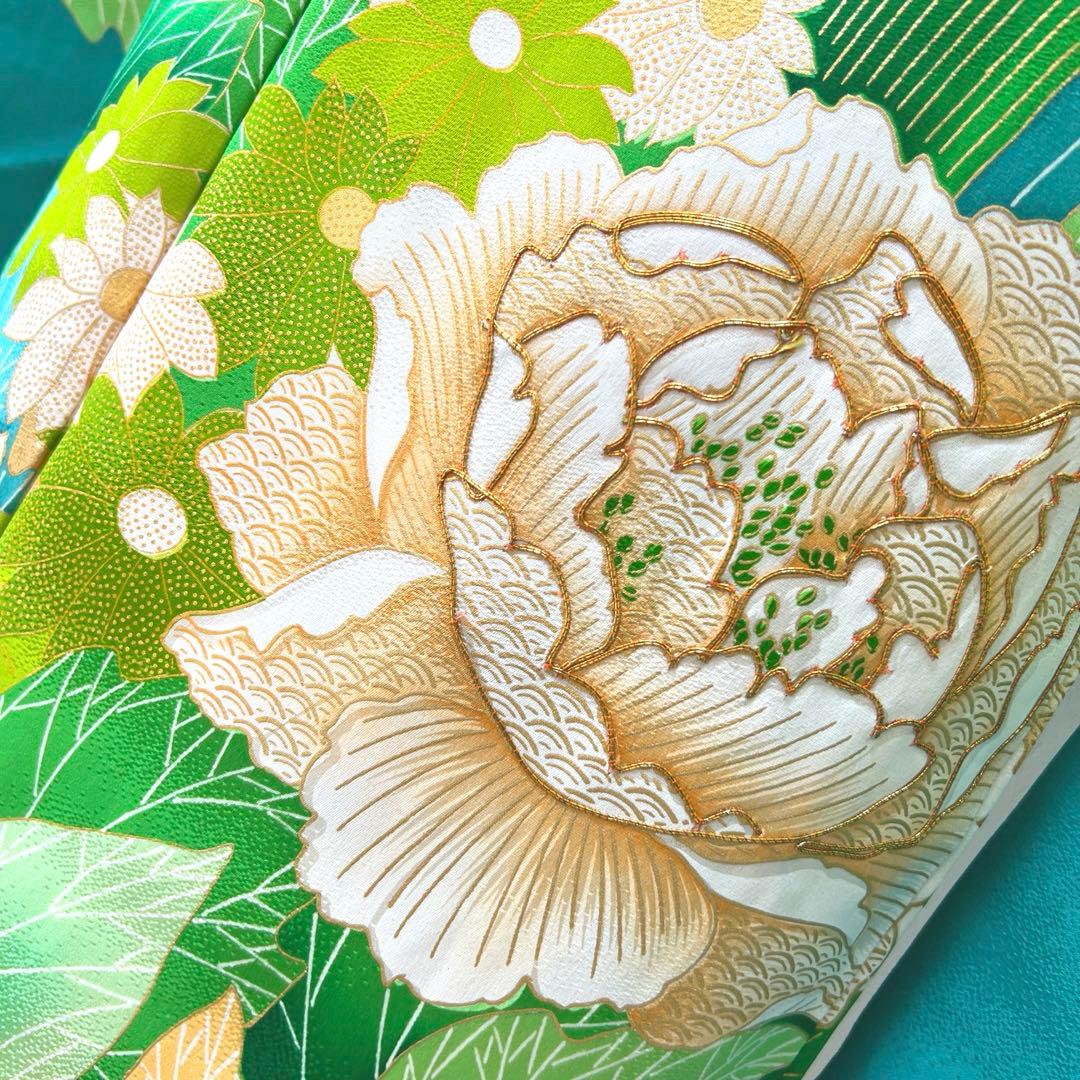 434 振袖フルセット やや難あり 正絹 緑 グリーン 金彩 駒刺繍 暈し染め