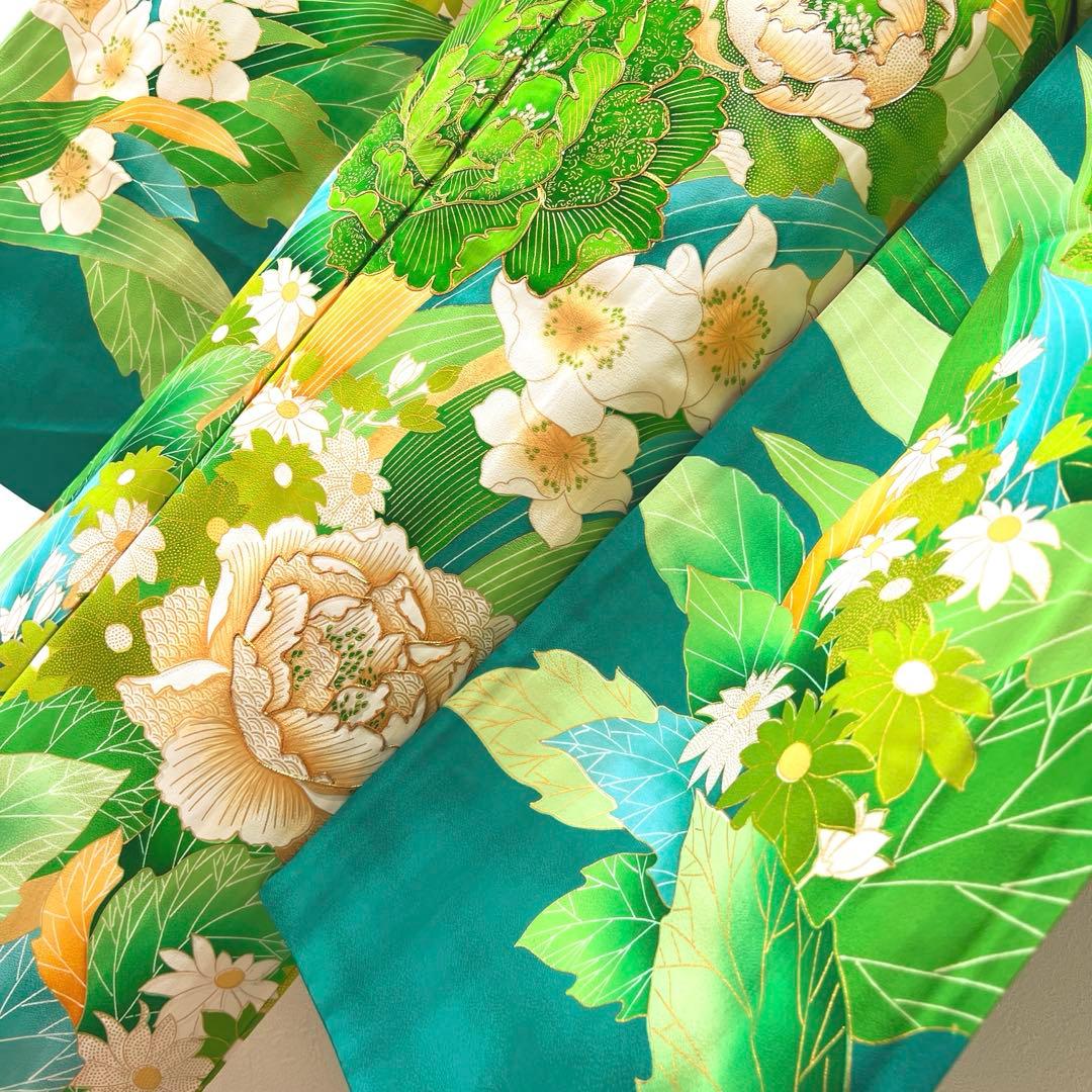 434 振袖フルセット やや難あり 正絹 緑 グリーン 金彩 駒刺繍 暈し染め