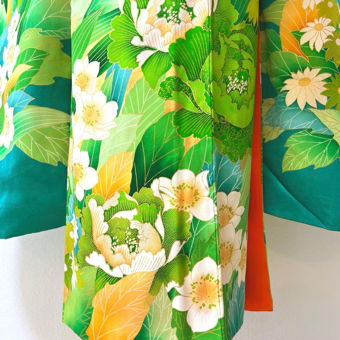 434 振袖フルセット やや難あり 正絹 緑 グリーン 金彩 駒刺繍 暈し染め