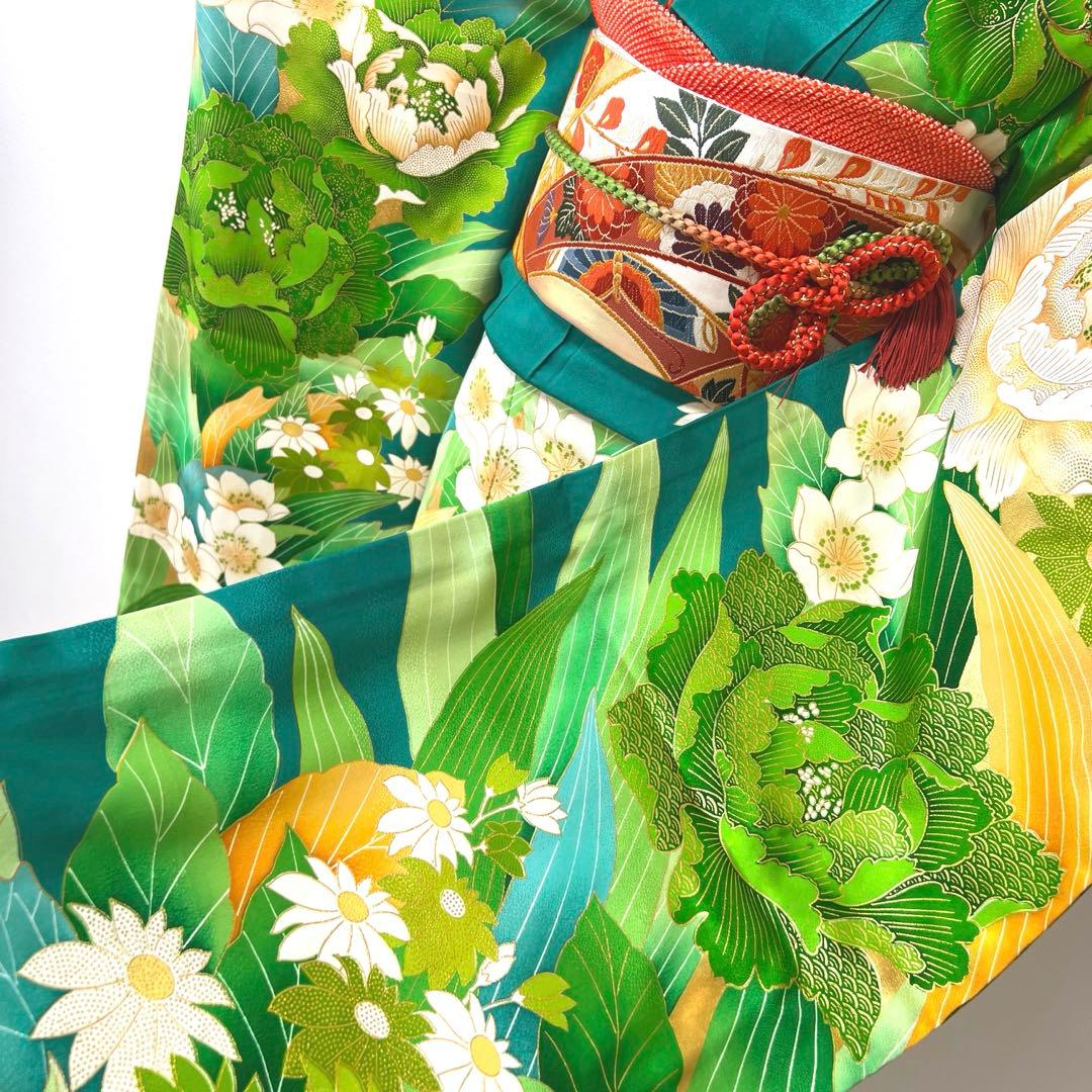 434 振袖フルセット やや難あり 正絹 緑 グリーン 金彩 駒刺繍 暈し染め