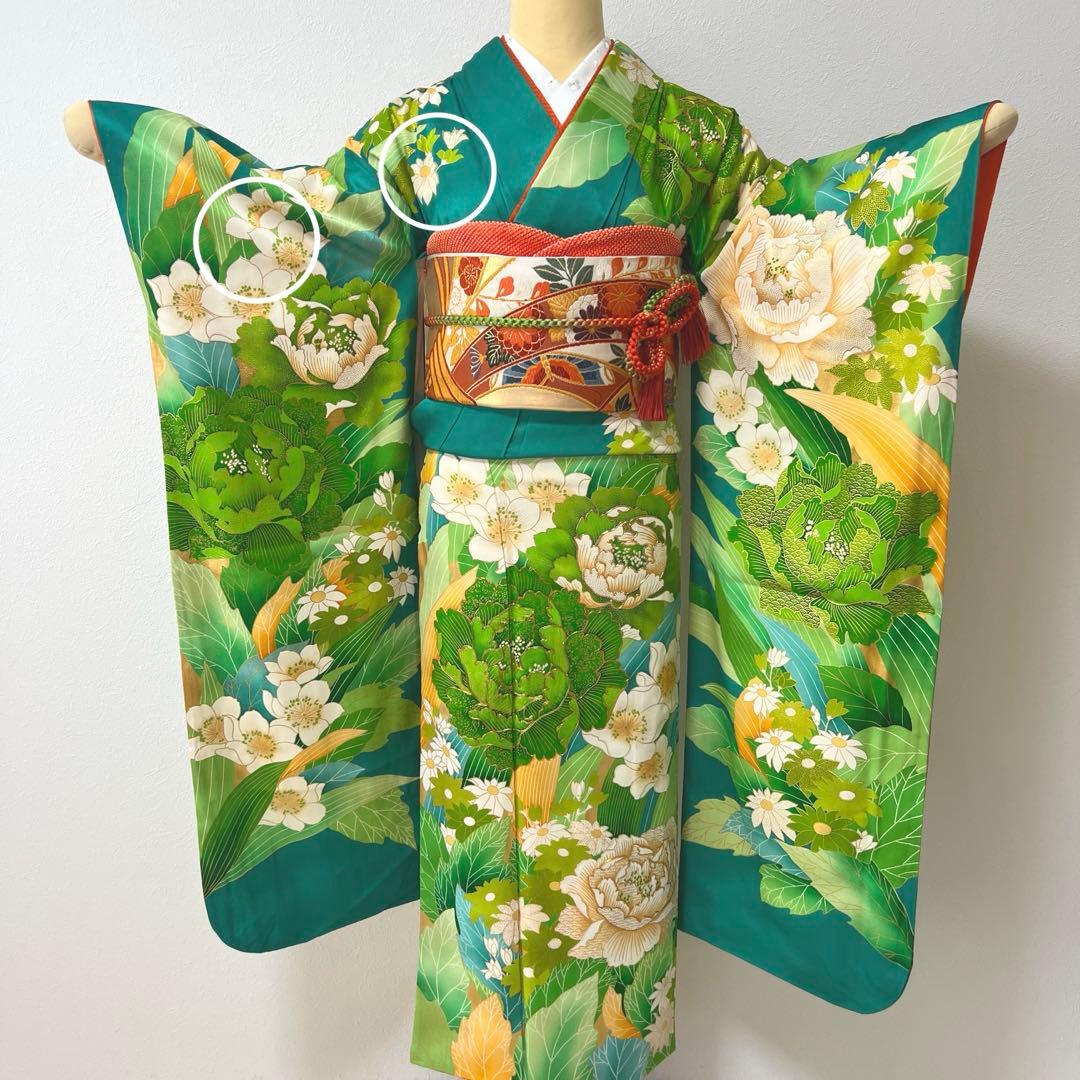 434 振袖フルセット やや難あり 正絹 緑 グリーン 金彩 駒刺繍 暈し染め