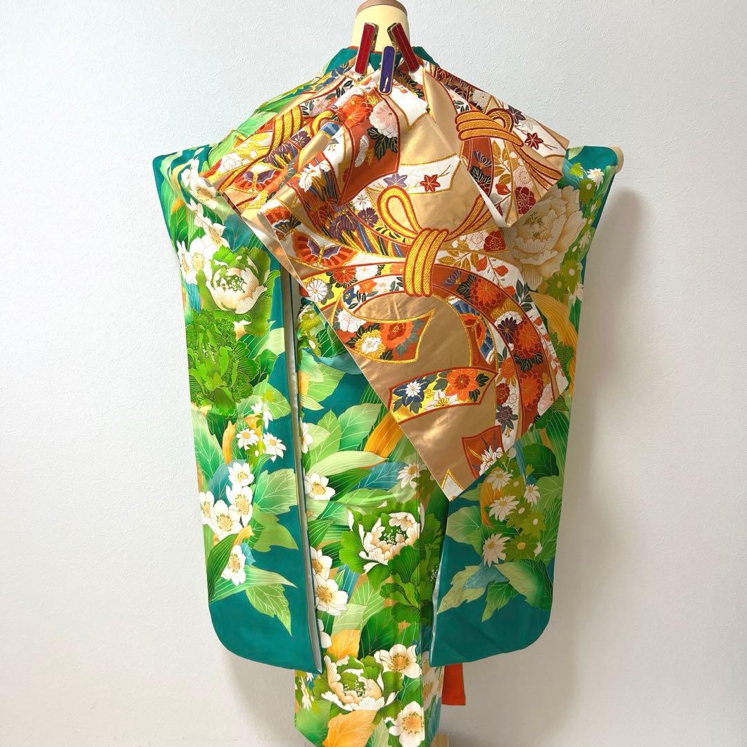 434 振袖フルセット やや難あり 正絹 緑 グリーン 金彩 駒刺繍 暈し染め