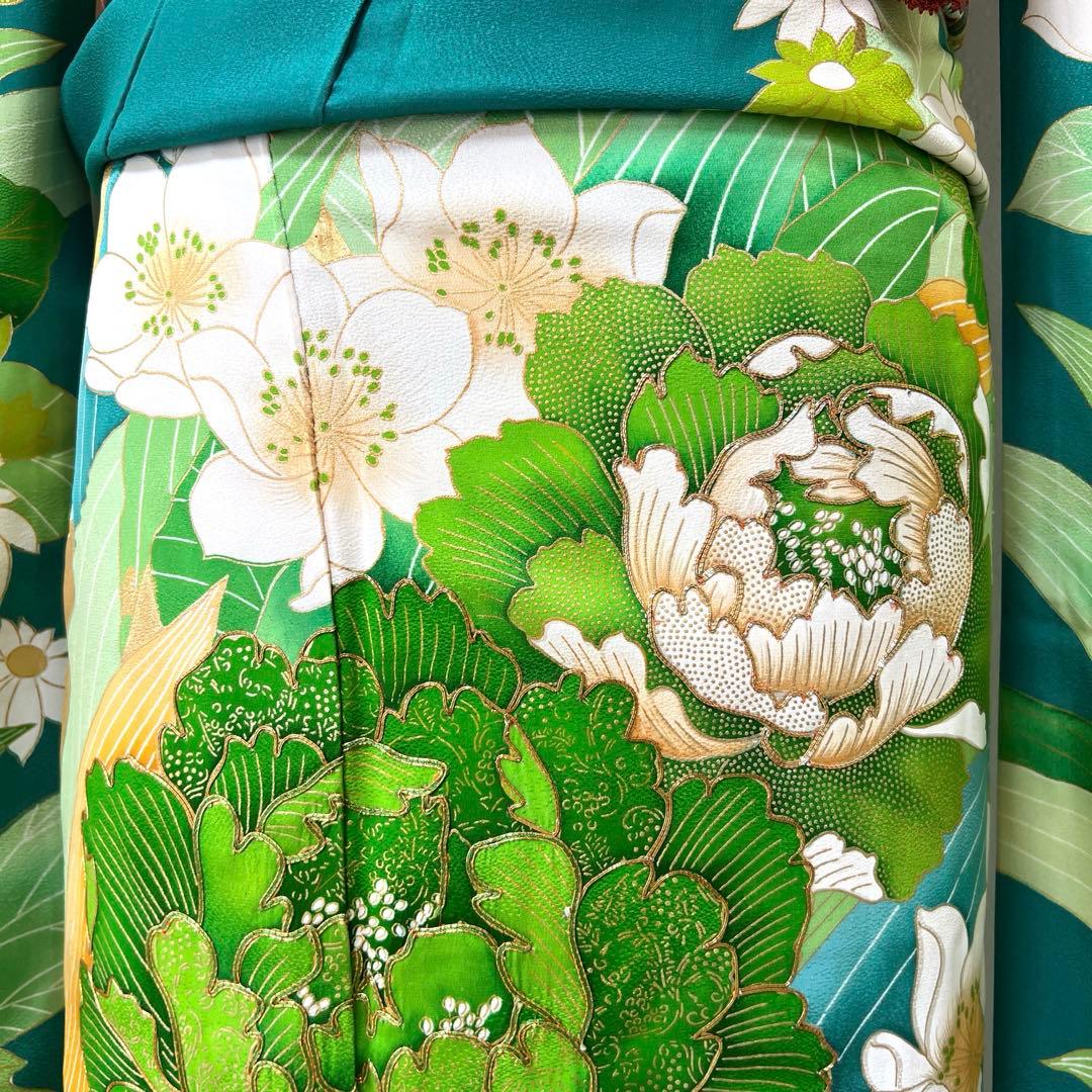 434 振袖フルセット やや難あり 正絹 緑 グリーン 金彩 駒刺繍 暈し染め