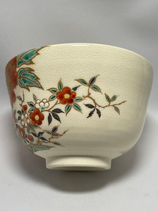 茜窯　岡田華渓　四季草花絵　茶碗　鵬雲斉大宗匠箱書付　無傷　未使用品　抹茶茶碗