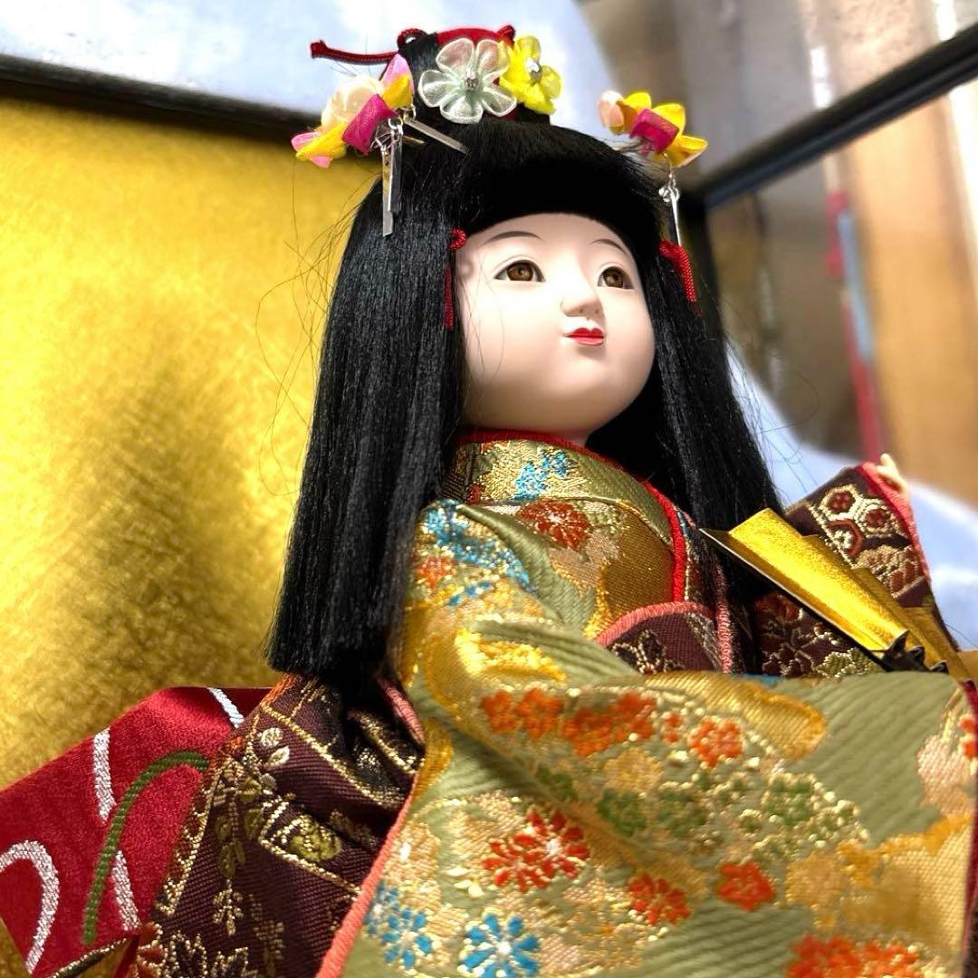 日本人形 市松人形 金扇子 舞踊 台付き 正絹 美少女 御所人形 桜山作
