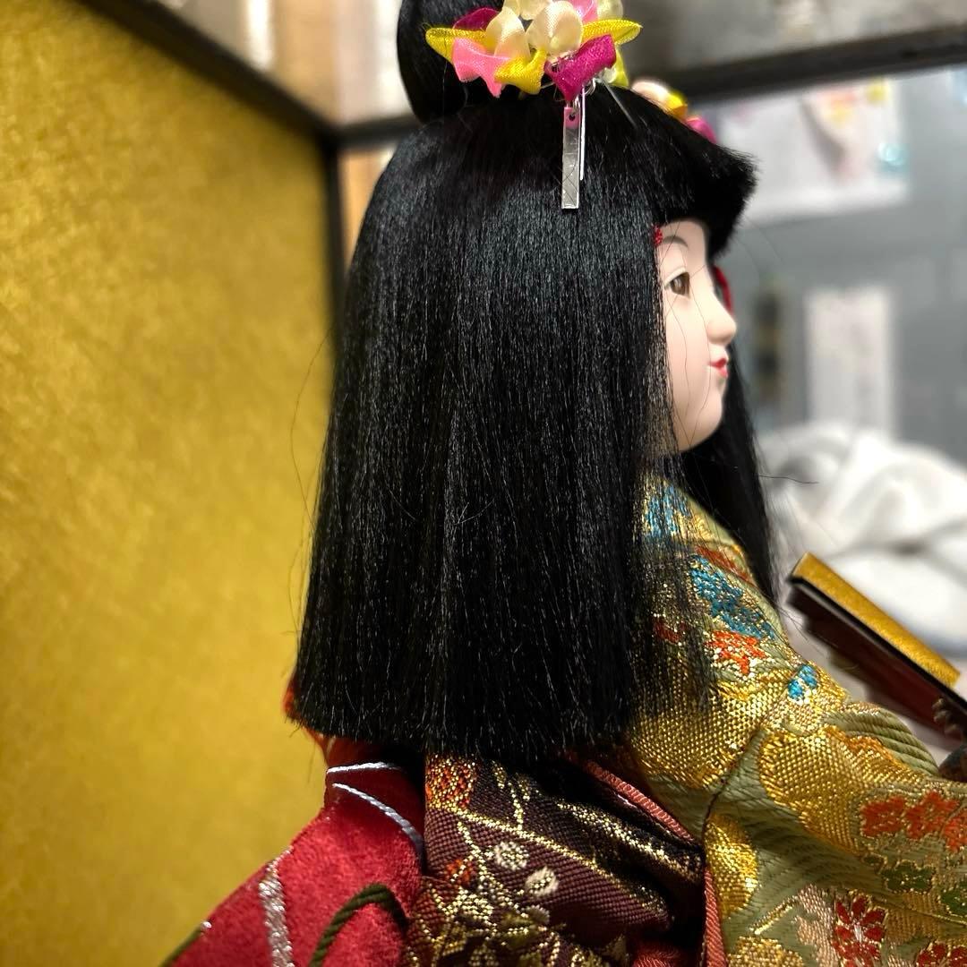 日本人形 市松人形 金扇子 舞踊 台付き 正絹 美少女 御所人形 桜山作