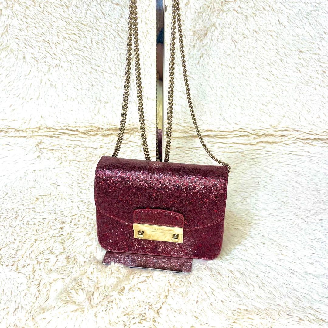 FURLA メトロポリス チェーンバッグ ポシェット ミニホルダー ラメ レッド