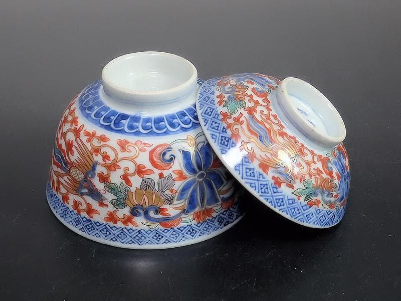 古伊万里　色絵　花唐草に鳳凰の図　蓋茶碗　２客C239A-A -BDg