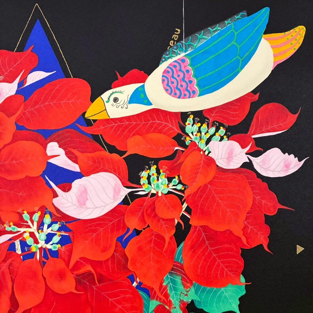 中島千波「ポインセチア」リトグラフ 直筆サイン・落款有 額縁入り 日本画家 猫