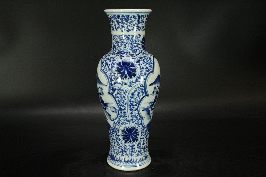 中国美術 青花 纏枝蓮花 武人紋 瓶 高25.5cm(HA374)