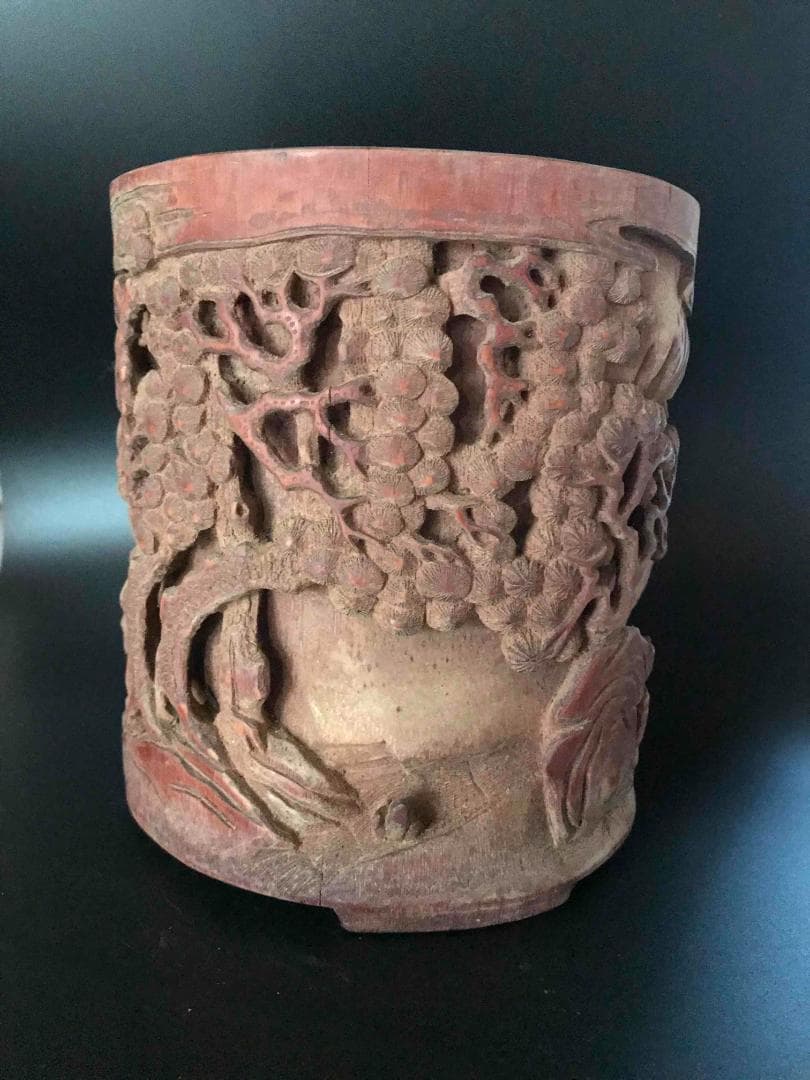 清時代　竹林七仙紋竹筆筒　筆立　筆掛(E-9)