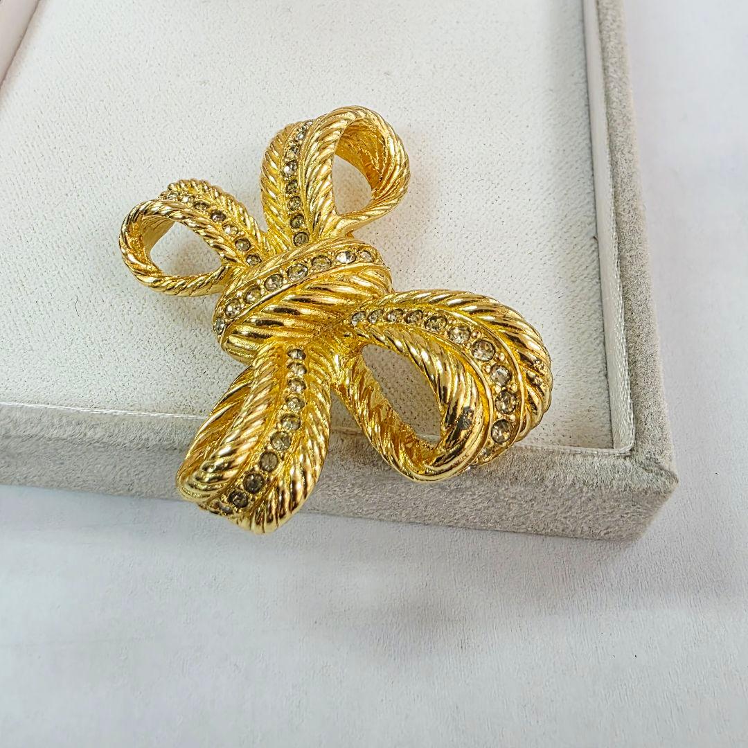 Dior クリスチャンディオール リボン ブローチ ゴールド ラインストーン