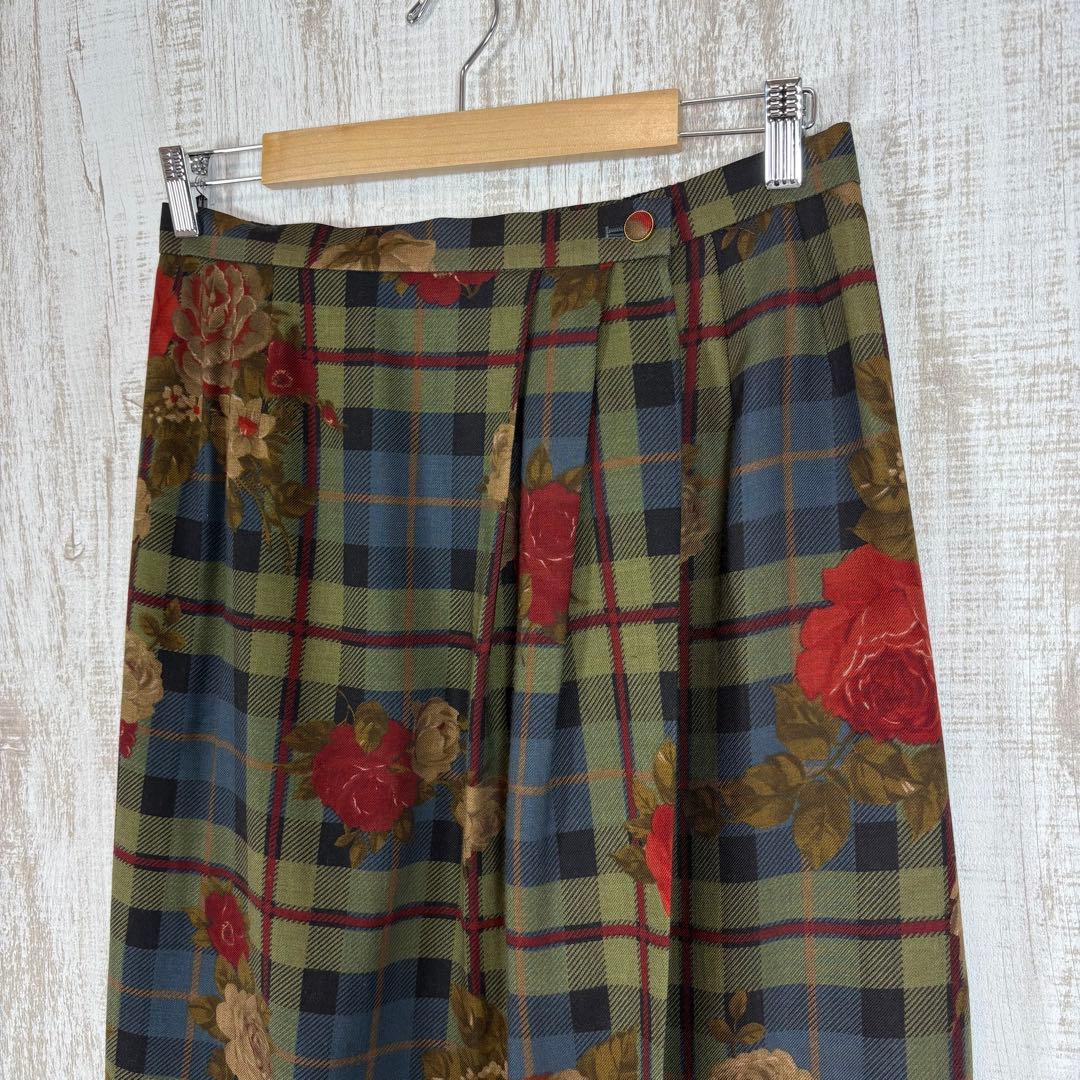 美品 90s Burberrys 花柄 チェック ウール シルク 巻きスカート