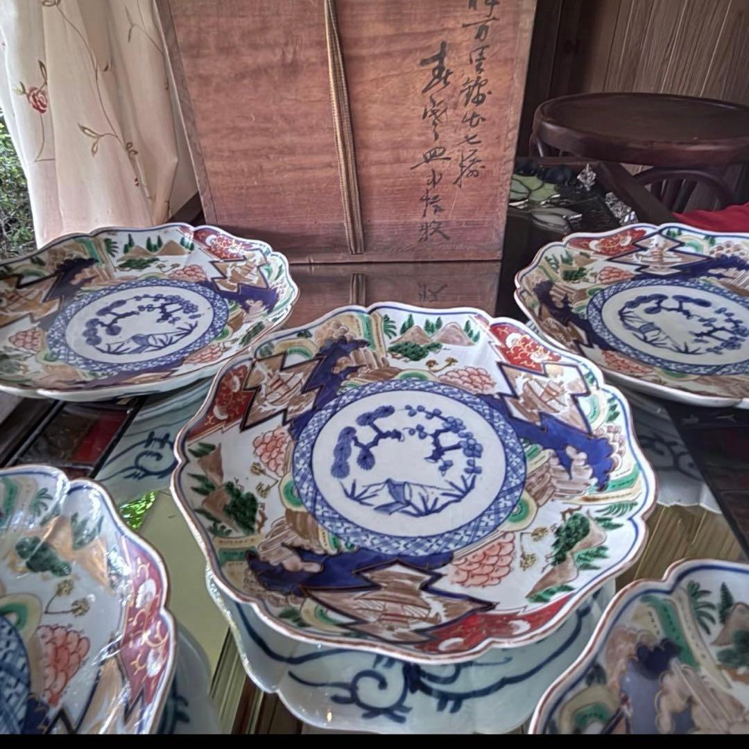 新春特別価格‼️降誕祭GOLD伊万里錦手　帆かけ舟❌山水❌米俵富貴長春八寸皿5客