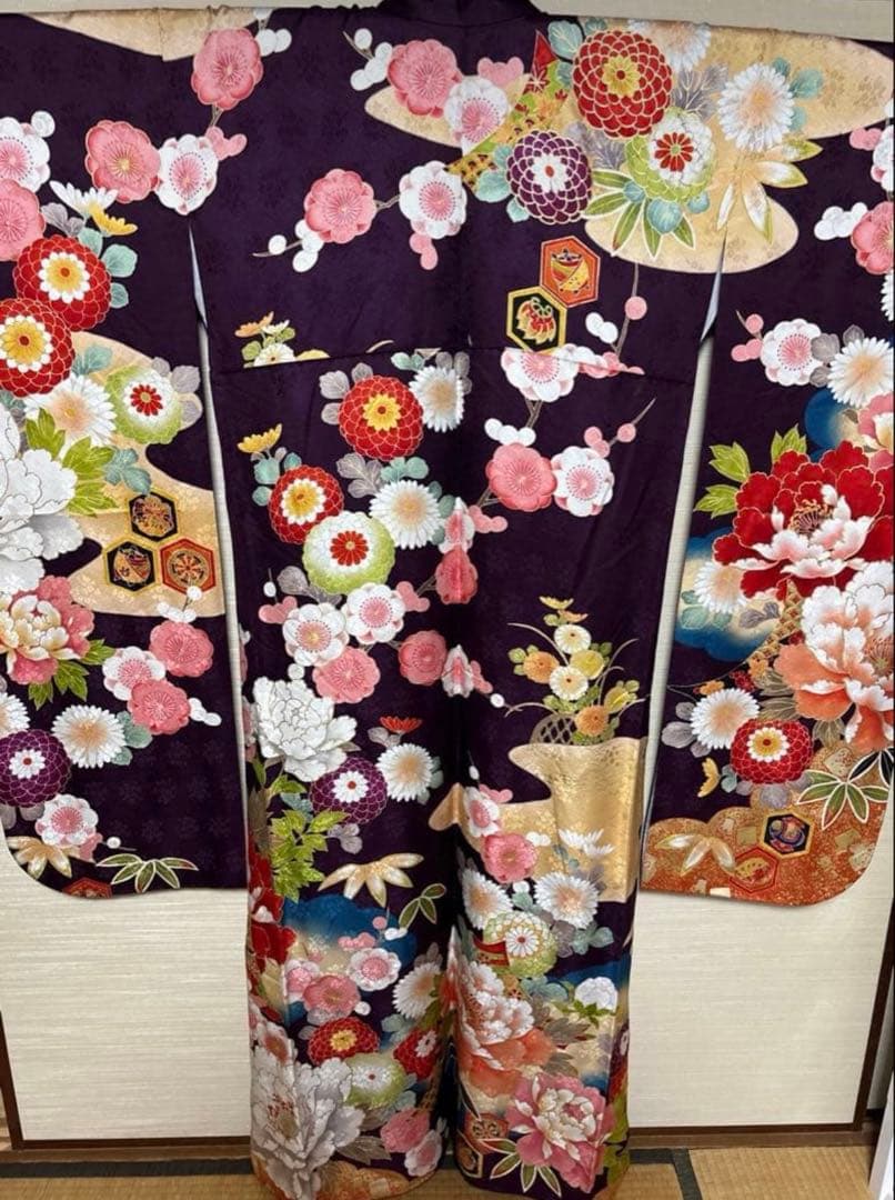 紫 古典柄 花々 振袖 身丈162